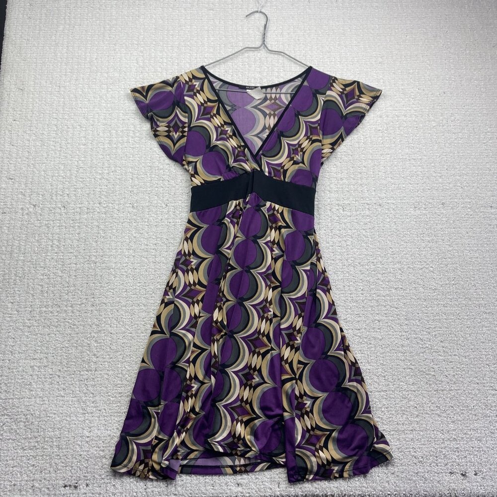 Y2K Majora A-line Dress Purple Geometric Psychedelic AOP Wom L USA Made Boho